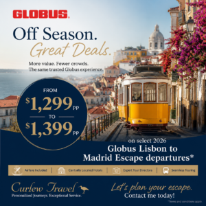 Globus travel promotion featuring a scenic European city with a yellow tram and historic architecture. Text highlights select 2026 Lisbon to Madrid Escape departures priced from $1,299 to $1,399 per person, with airfare included, expert Tour Directors, and centrally located hotels