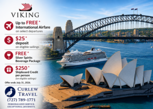 Viking cruise special offer from Curlew Travel featuring select airfare, deposit, beverage package and shipboard credit promotions.